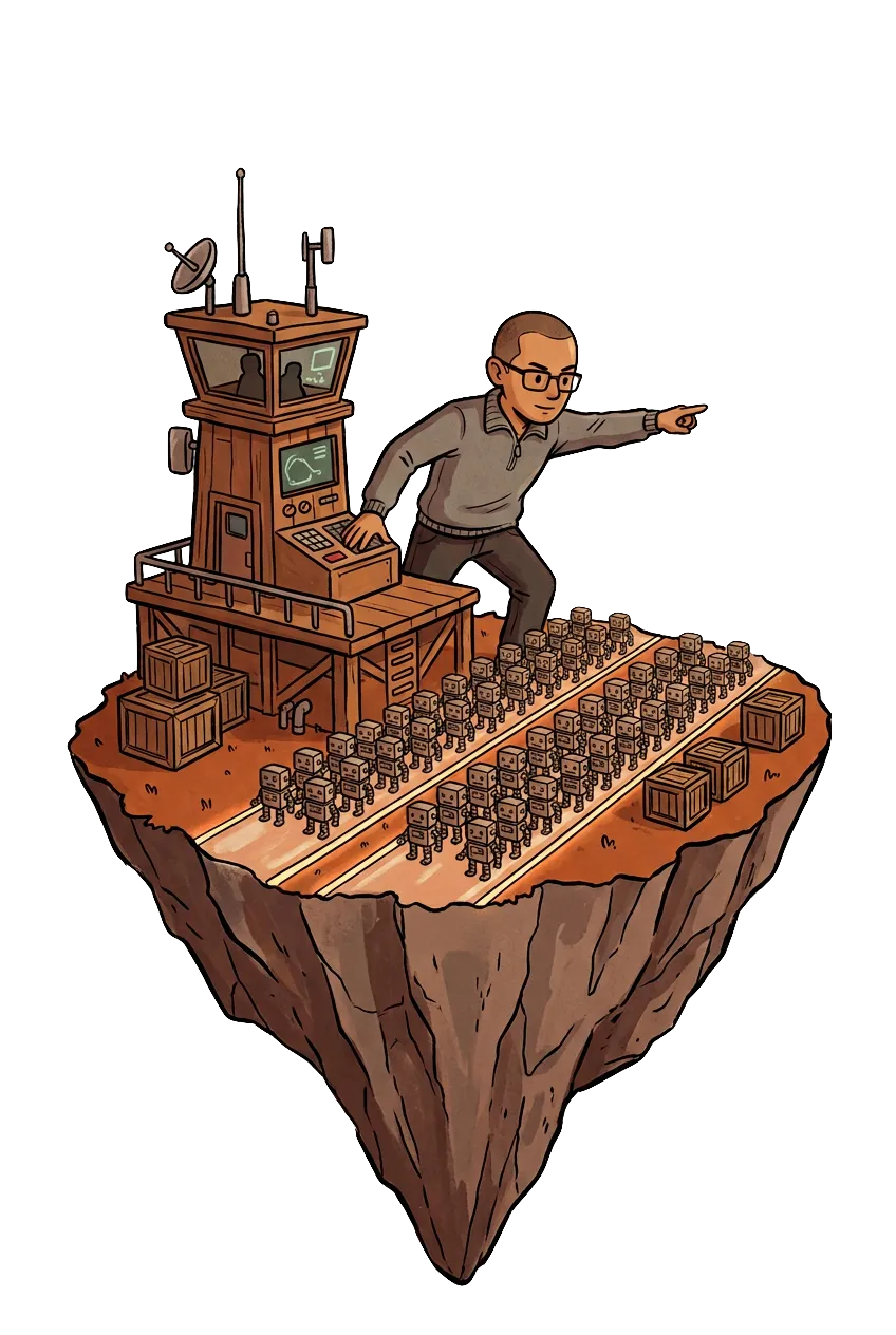 Isla flotante con torre de control orquestando una flota de pequeños robots en filas paralelas sobre senderos luminosos