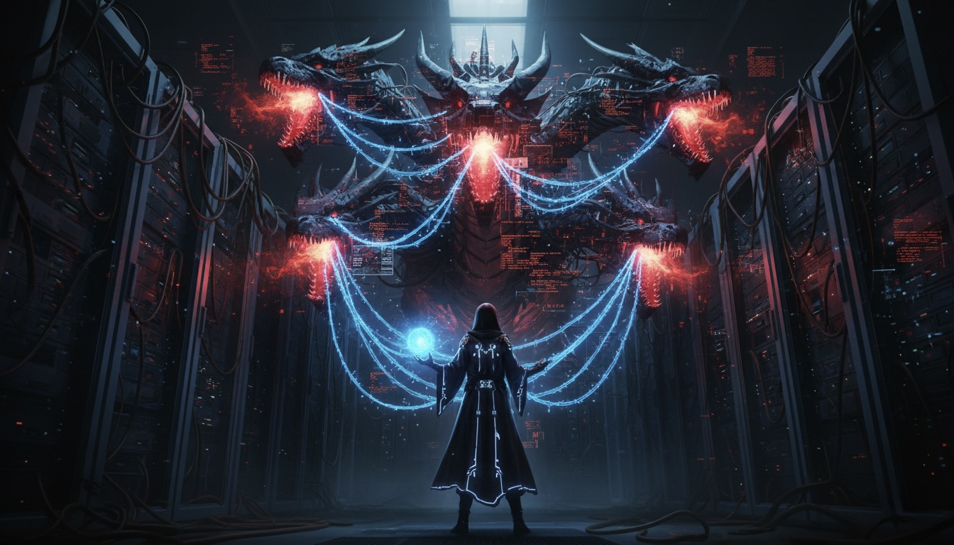 Un Agente Cognitivo de IA (figura serena con orbe azul) domando un dragón mecánico caótico (scraper) hecho de código de interfaz de usuario con fallos en una sala de servidores oscura.