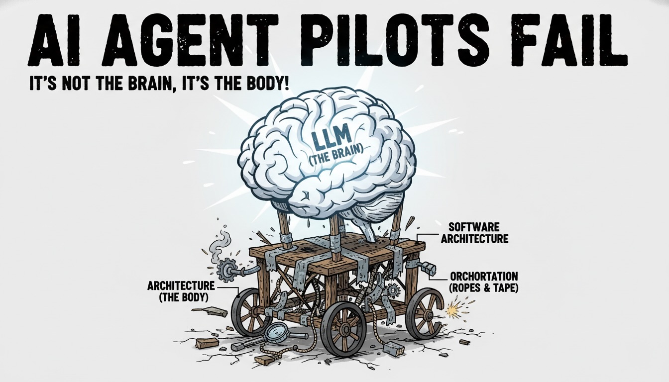 Ilustración de un agente de IA como un cerebro brillante atascado en un cuerpo de carrito roto, simbolizando el fracaso por mala arquitectura de software.