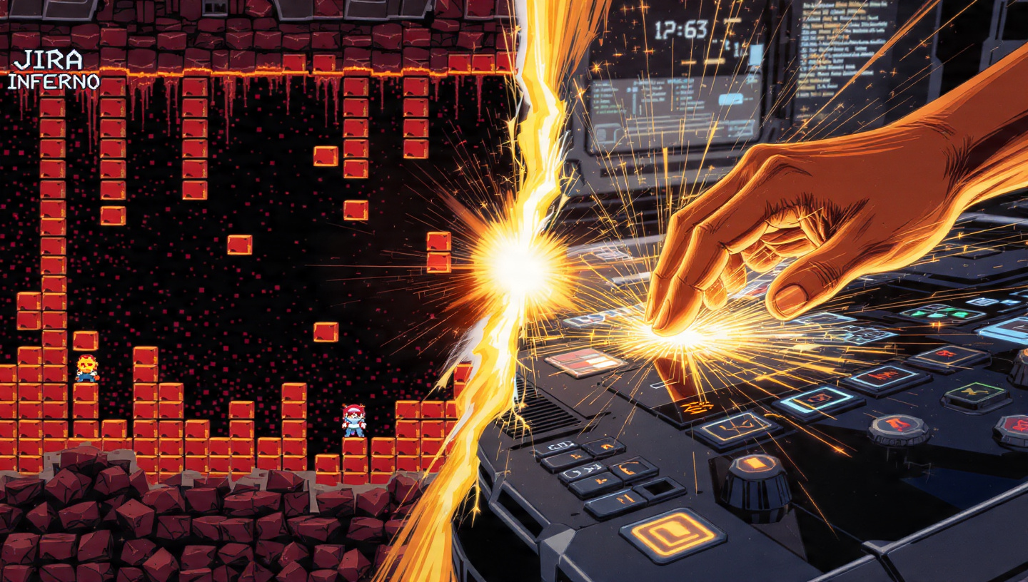 Un agente de IA colabora con un técnico de soporte para automatizar el triage de tickets en JIRA, mostrando el futuro del trabajo.