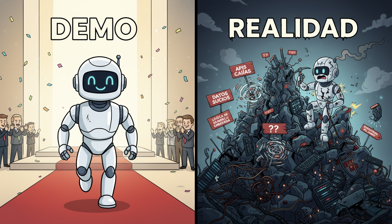 Un robot de IA en una demo caminando por una alfombra roja versus el mismo robot en la realidad, escalando una montaña de excepciones y errores.