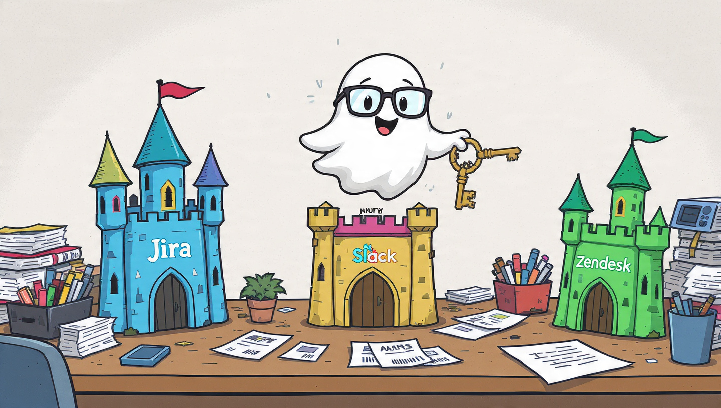 Ilustración de un agente de IA como un fantasma amigable que organiza tareas en castillos de juguete que representan Jira, Slack y Zendesk.
