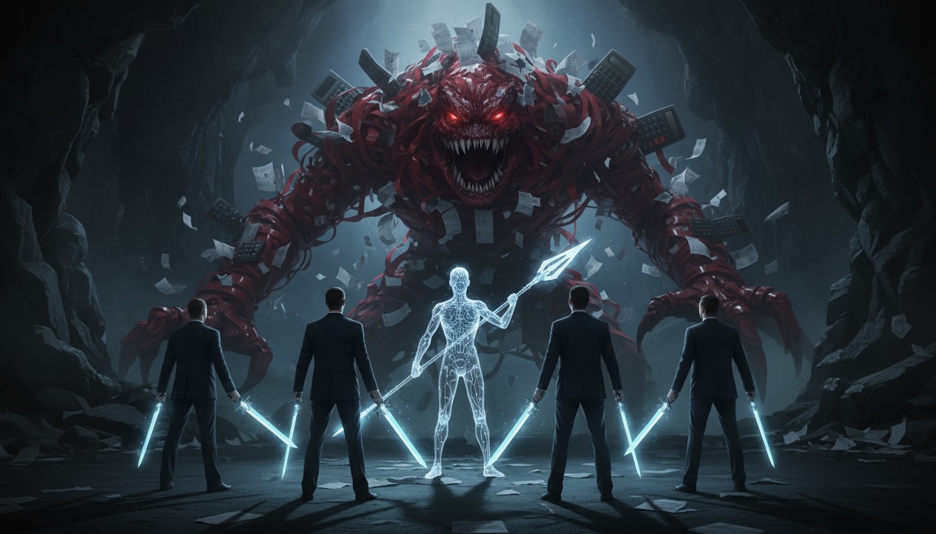 Un equipo de contadores armados con espadas digitales y un Agente de IA luchando contra un monstruo de burocracia en una épica escena de fantasía, simbolizando la automatización financiera.