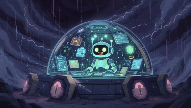 Un robot de IA trabajando de forma segura dentro de un búnker de AWS, protegido por los 4 pilares de seguridad: VPC, IAM, KMS y Bedrock.