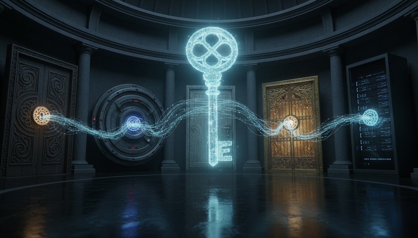 Ilustración conceptual de Amazon Bedrock como una llave maestra de datos que abre múltiples puertas a diferentes modelos de IA para RPA.