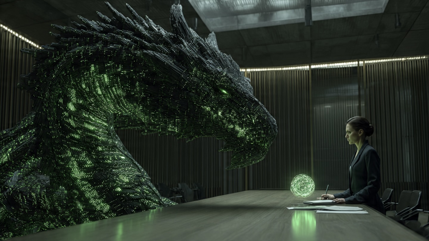 Una empresaria con un orbe de ideas enfrentando a un dragón de hojas de cálculo, simbolizando el desafío del ROI de la IA.