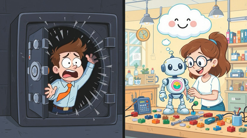 Ilustración de un desarrollador construyendo un agente de IA con piezas tipo LEGO (LangChain) frente a otro atrapado en una caja negra.