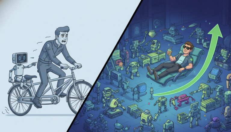Comparativa visual del ROI entre un copiloto de IA (bicicleta tándem) y un agente autónomo (fábrica automatizada).