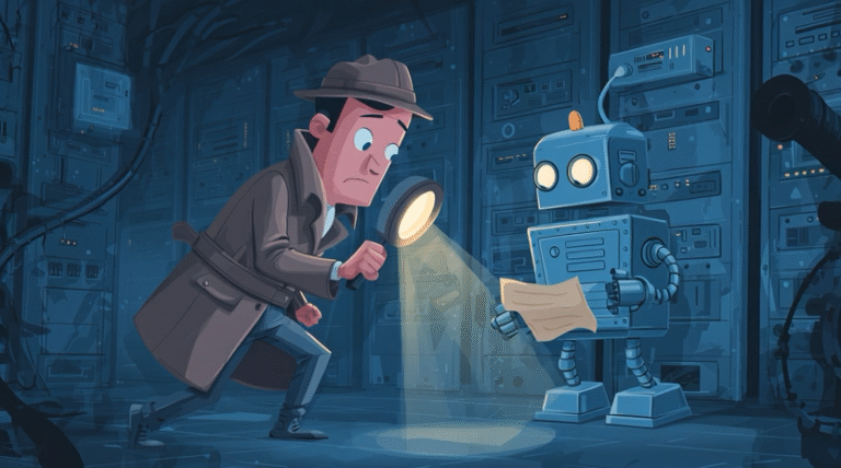 Un detective de dibujos animados investiga a un agente de IA robot confundido usando herramientas de observabilidad de AWS como pistas.