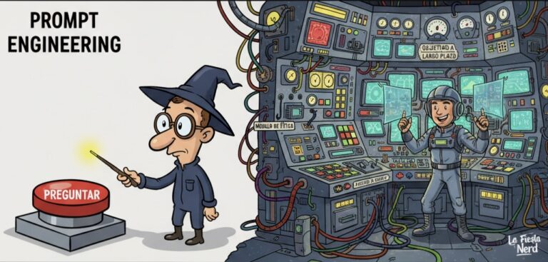 Una persona comparando un simple botón de 'prompt engineering' con una compleja consola de 'ingeniería de agentes' de IA.