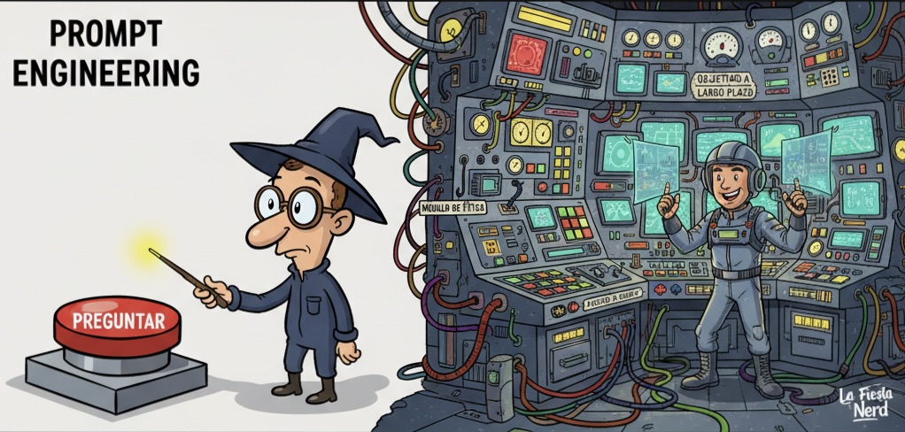 Una persona comparando un simple botón de 'prompt engineering' con una compleja consola de 'ingeniería de agentes' de IA.
