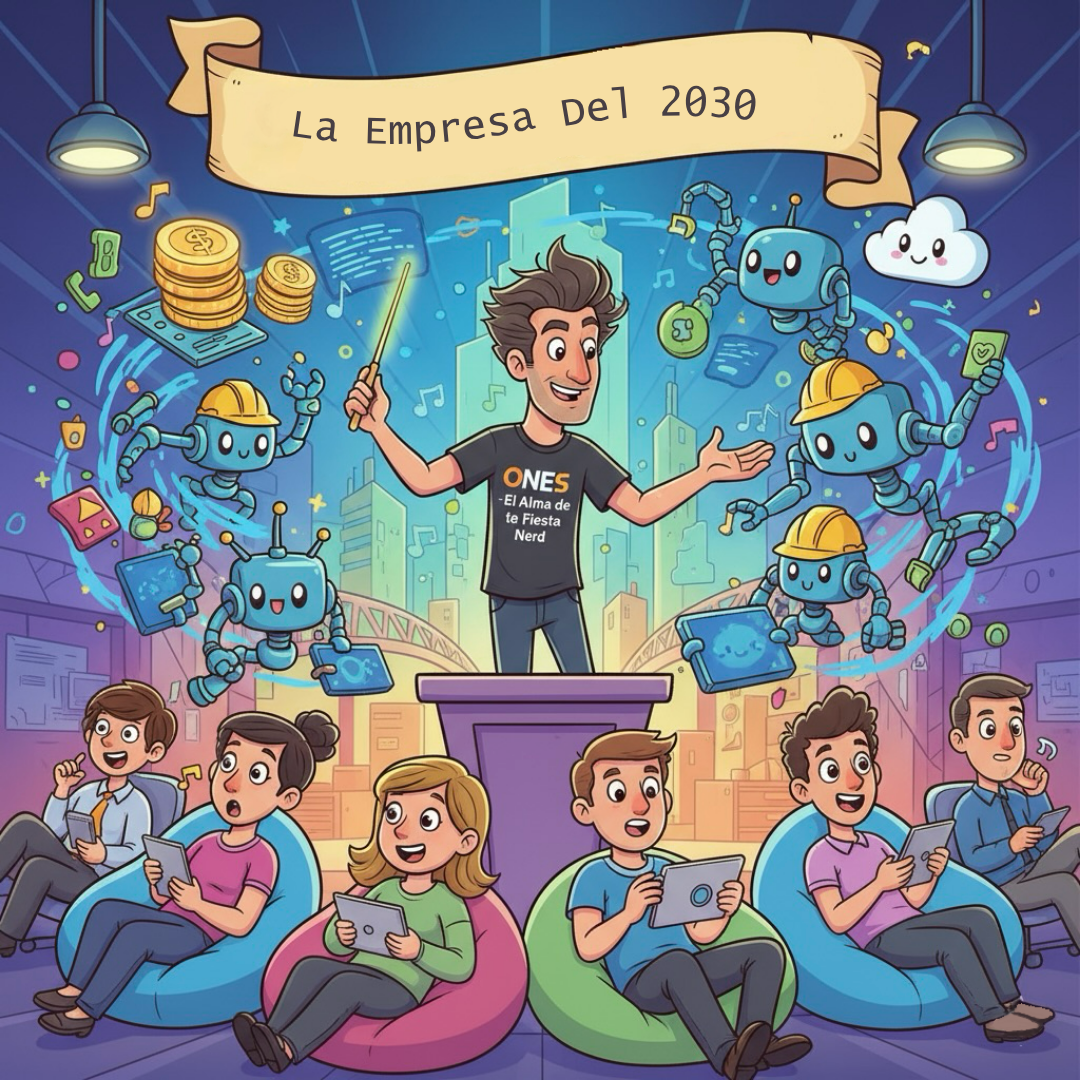 Un líder humano dirigiendo una flota de agentes de IA holográficos, simbolizando la operación autónoma de la empresa del 2030.