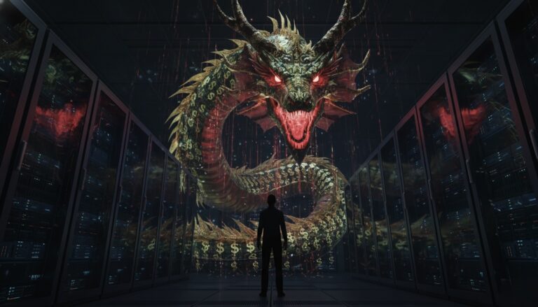 Un dragón colosal hecho de dólares y datos ataca servidores en un data center, representando el costo oculto de la IA en la nube.