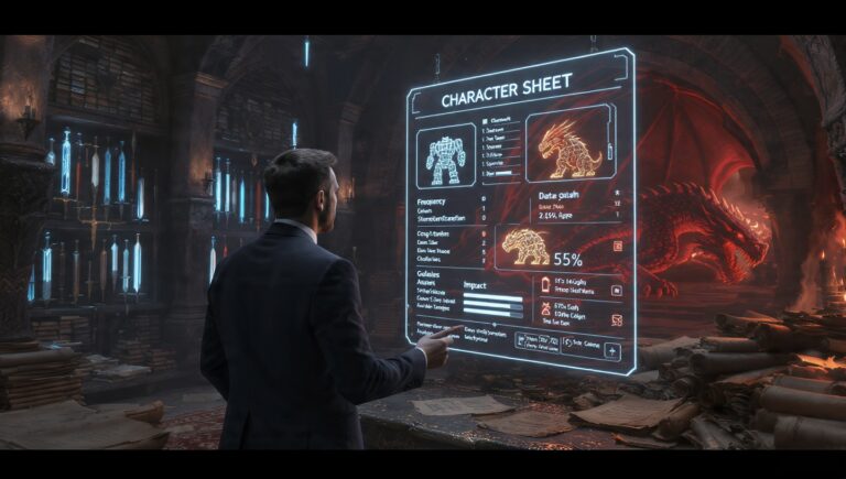 Un estratega en una armería de fantasía mirando un 'scorecard' holográfico de IA que proyecta un gólem de Excel y un dragón.