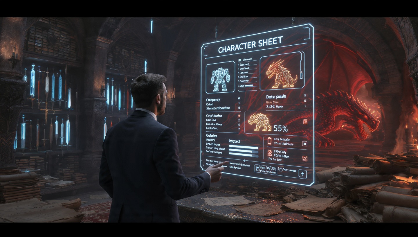 Un estratega en una armería de fantasía mirando un 'scorecard' holográfico de IA que proyecta un gólem de Excel y un dragón.