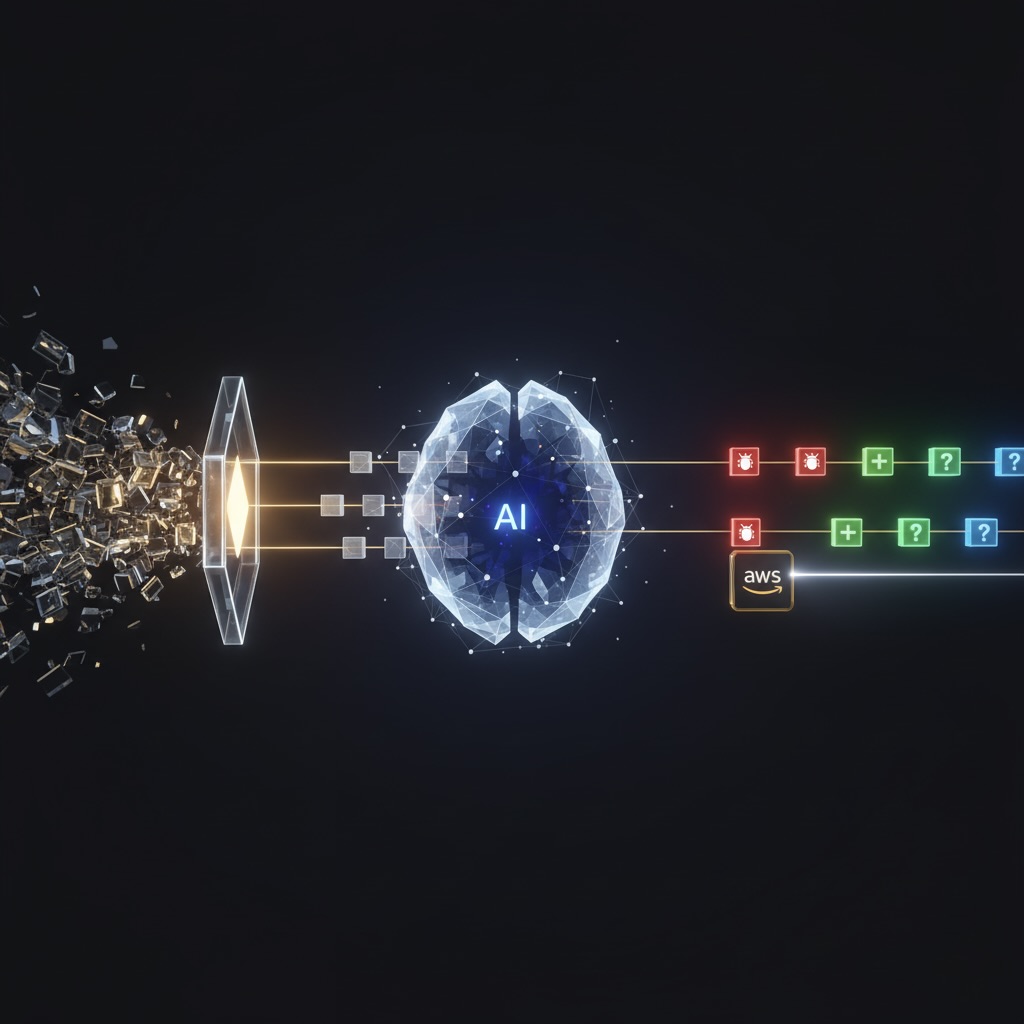 Un flujo de trabajo animado que muestra a N8N, un LLM y AWS Lambda colaborando para clasificar tickets de JIRA de forma automática.