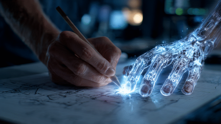 Una mano humana diseñando un proceso en papel junto a una mano digital de IA manipulando datos, simbolizando las habilidades de colaboración humano-máquina.