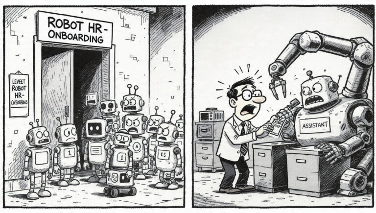 Escena de tira cómica 2D mostrando una fila de robots esperando para 'Incorporación de RRHH Robótico' mientras un gerente humano intenta poner una credencial de 'NIVEL 1' a un brazo robótico gigante que causa estragos.