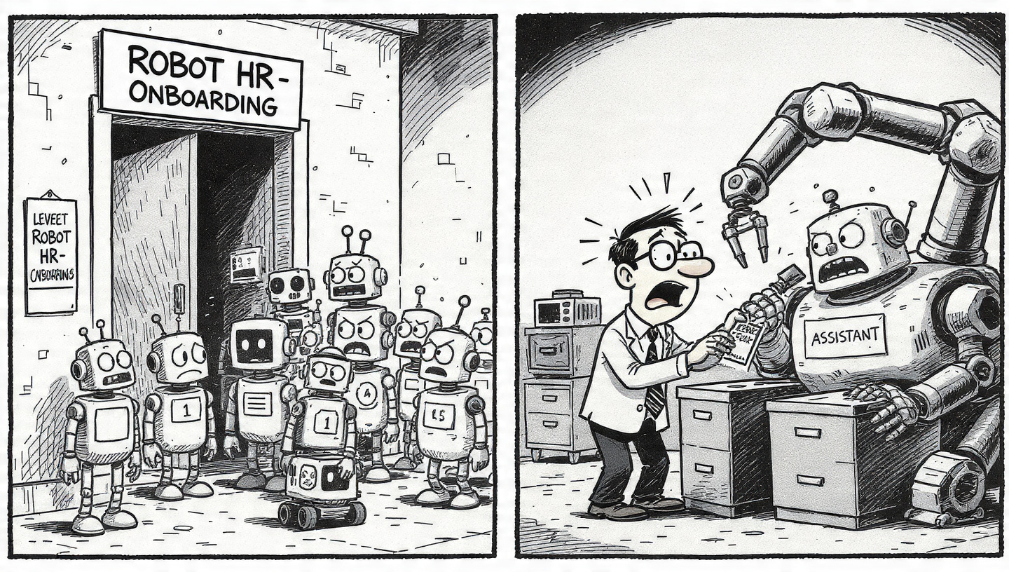 Escena de tira cómica 2D mostrando una fila de robots esperando para 'Incorporación de RRHH Robótico' mientras un gerente humano intenta poner una credencial de 'NIVEL 1' a un brazo robótico gigante que causa estragos.