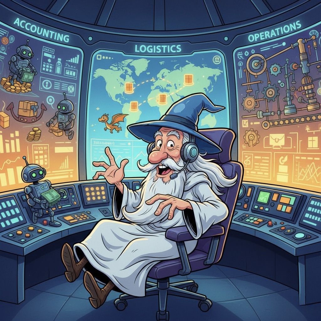 Ilustración de caricatura de un mago tipo Gandalf como 'Orquestador de IA' en un centro de control futurista, gestionando diversas funciones empresariales automatizadas.