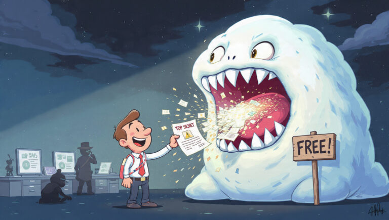 Ilustración de un empleado alimentando datos confidenciales a un monstruo de IA gratuito, explicando el riesgo del Shadow AI.