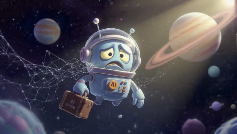 Un robot de IA triste y retro, con casco de astronauta, flotando solo en el espacio con una maleta de 'SOLUCIONES DE IA', simbolizando un proyecto de IA sin 'Mission Control'.