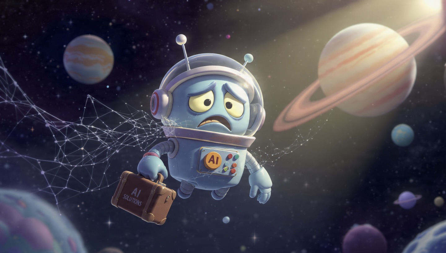 Un robot de IA triste y retro, con casco de astronauta, flotando solo en el espacio con una maleta de 'SOLUCIONES DE IA', simbolizando un proyecto de IA sin 'Mission Control'.