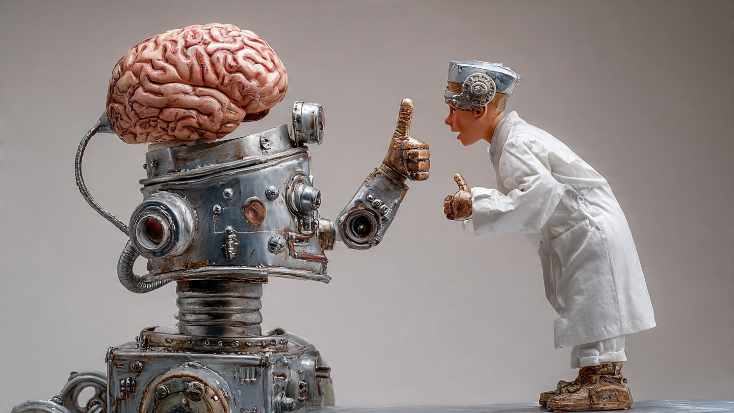 Caricatura de un robot de RPA (UiPath) recibiendo un cerebro de Agente de IA a través de un puente tecnológico, simbolizando la automatización inteligente.