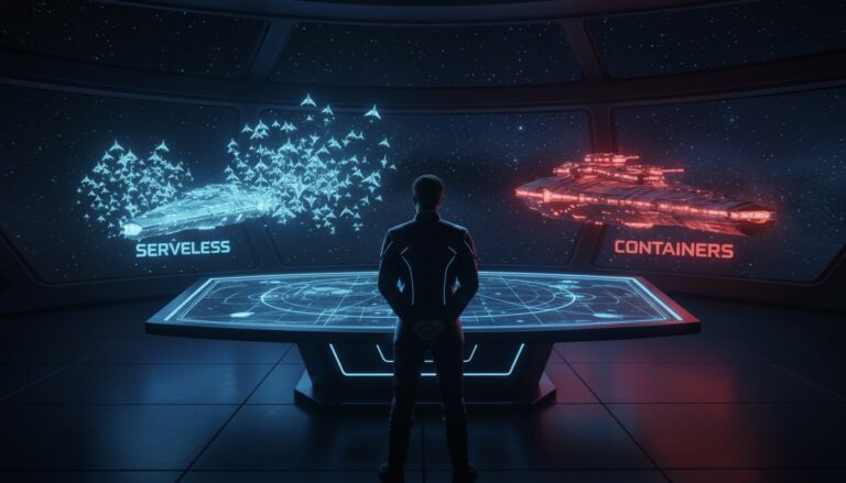 Almirante de flota decidiendo entre Serverless (cazas azules) y Contenedores (acorazado rojo) para inferencia de IA en AWS.