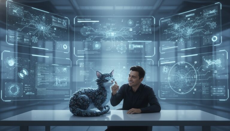 Un dragón de servidor encogido, ahora una mascota controlable, en el escritorio de un ingeniero, simbolizando el ahorro de costos y la eficiencia con arquitectura serverless.