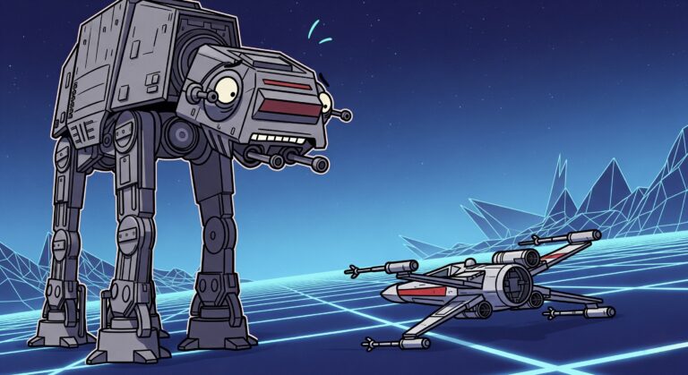 Comparativa de agentes IA UiPath (representado como un AT-AT imperial) vs n8n (representado como un X-Wing rebelde).