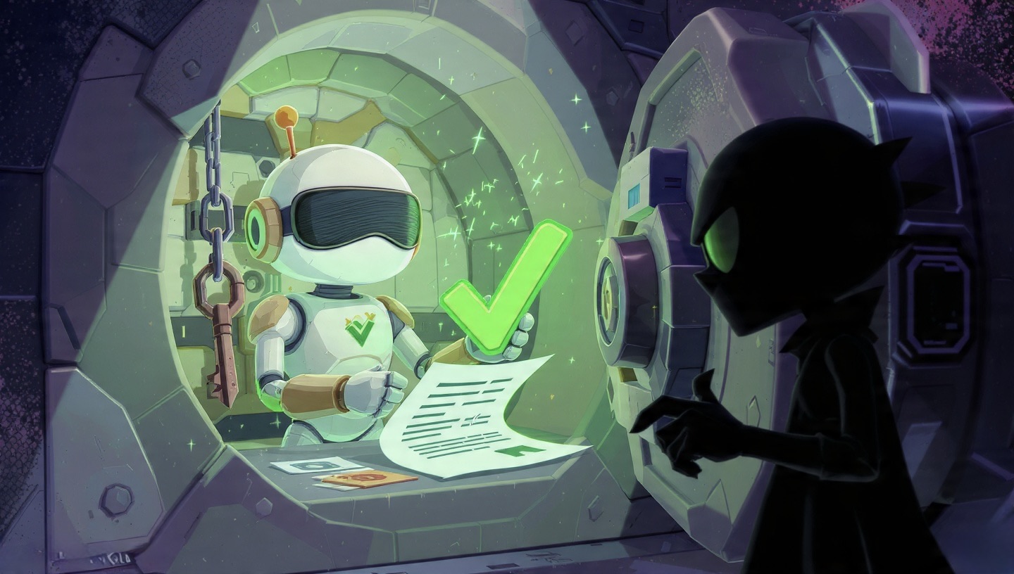 Caricatura de un agente de IA seguro usando AWS KMS y IAM, trabajando 'a ciegas' dentro de una bóveda para proteger datos.