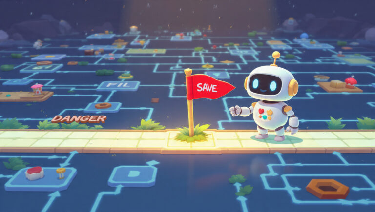 Ilustración de un robot agente de IA junto a una bandera de checkpoint en un diagrama de flujo, simbolizando el state management.