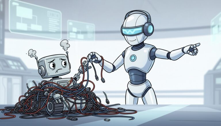 Caricatura de un Agente de IA como supervisor ayudando a un pequeño bot RPA enredado en cables.