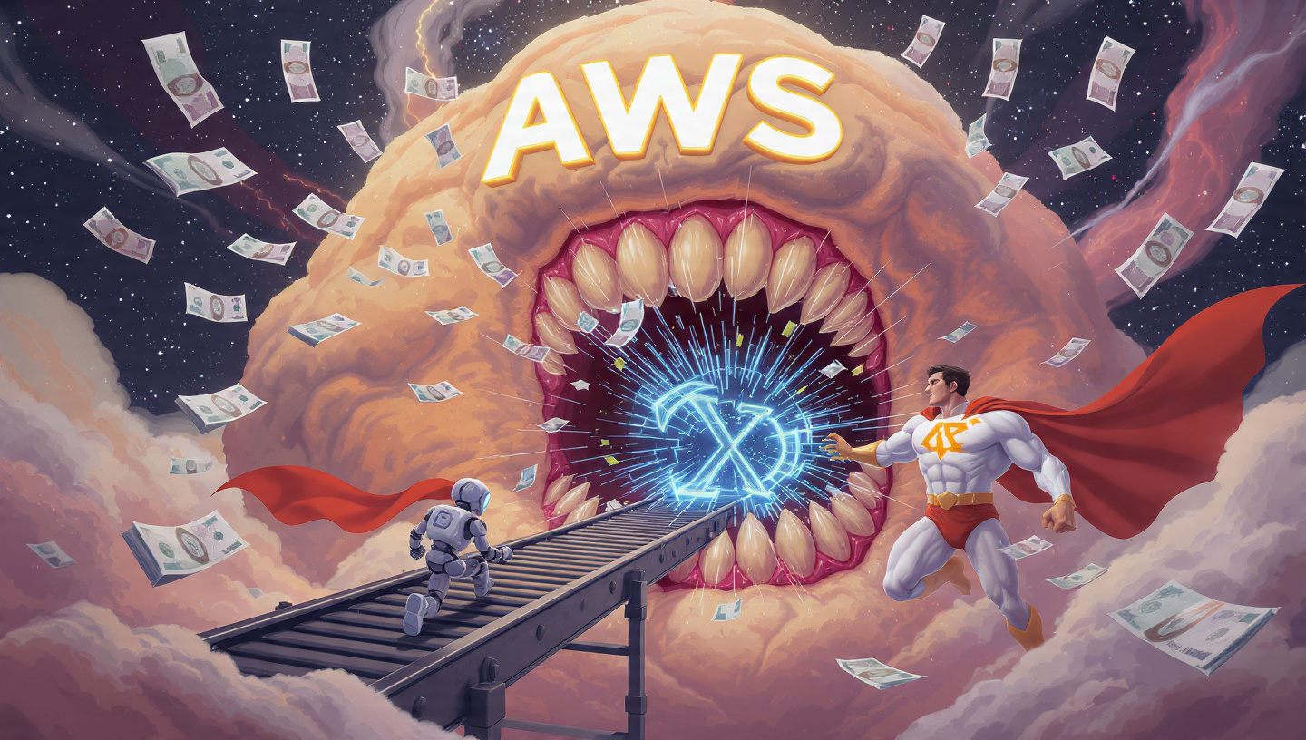 Caricatura de un agente de IA zombie arrojando dinero (pesos chilenos) a una nube de AWS, mientras un superhéroe de AWS Lambda presiona un botón de 'stop' para salvar los costos FinOps.