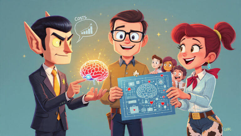 Un Arquitecto de Automatización en caricatura actúa como puente entre un CIO (TI) y un CHRO (RRHH) sobre la implementación de la IA.