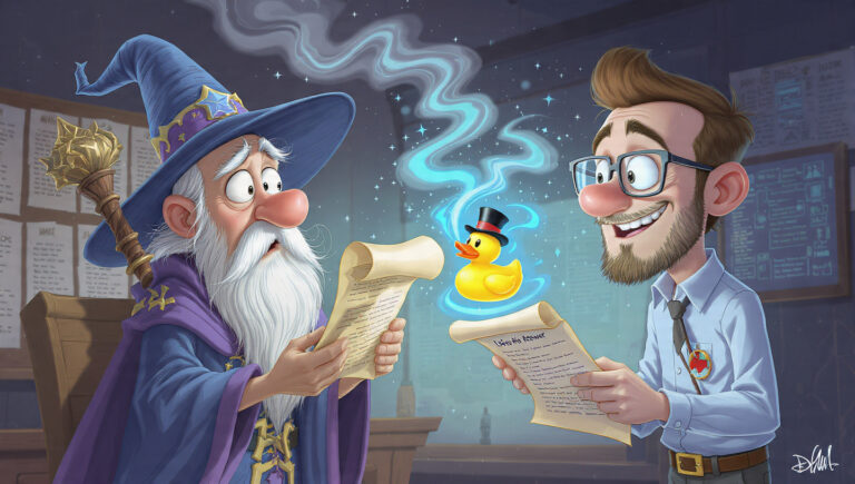 Un mago (AWS Bedrock) alucina y conjura un pato de goma, mientras Ones, el arquitecto, le entrega un RAG limpio para arreglar la arquitectura de datos.