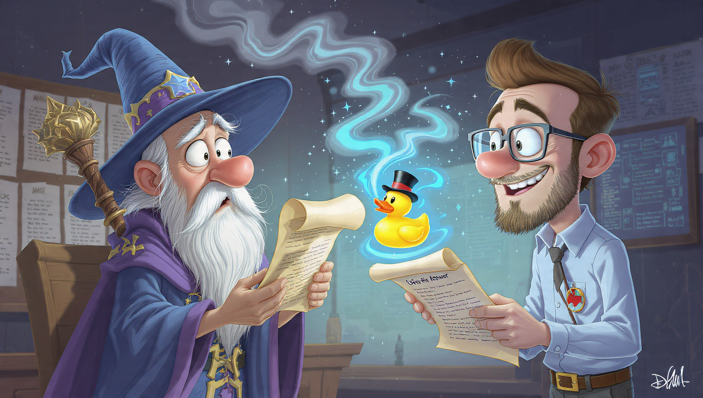 Un mago (AWS Bedrock) alucina y conjura un pato de goma, mientras Ones, el arquitecto, le entrega un RAG limpio para arreglar la arquitectura de datos.