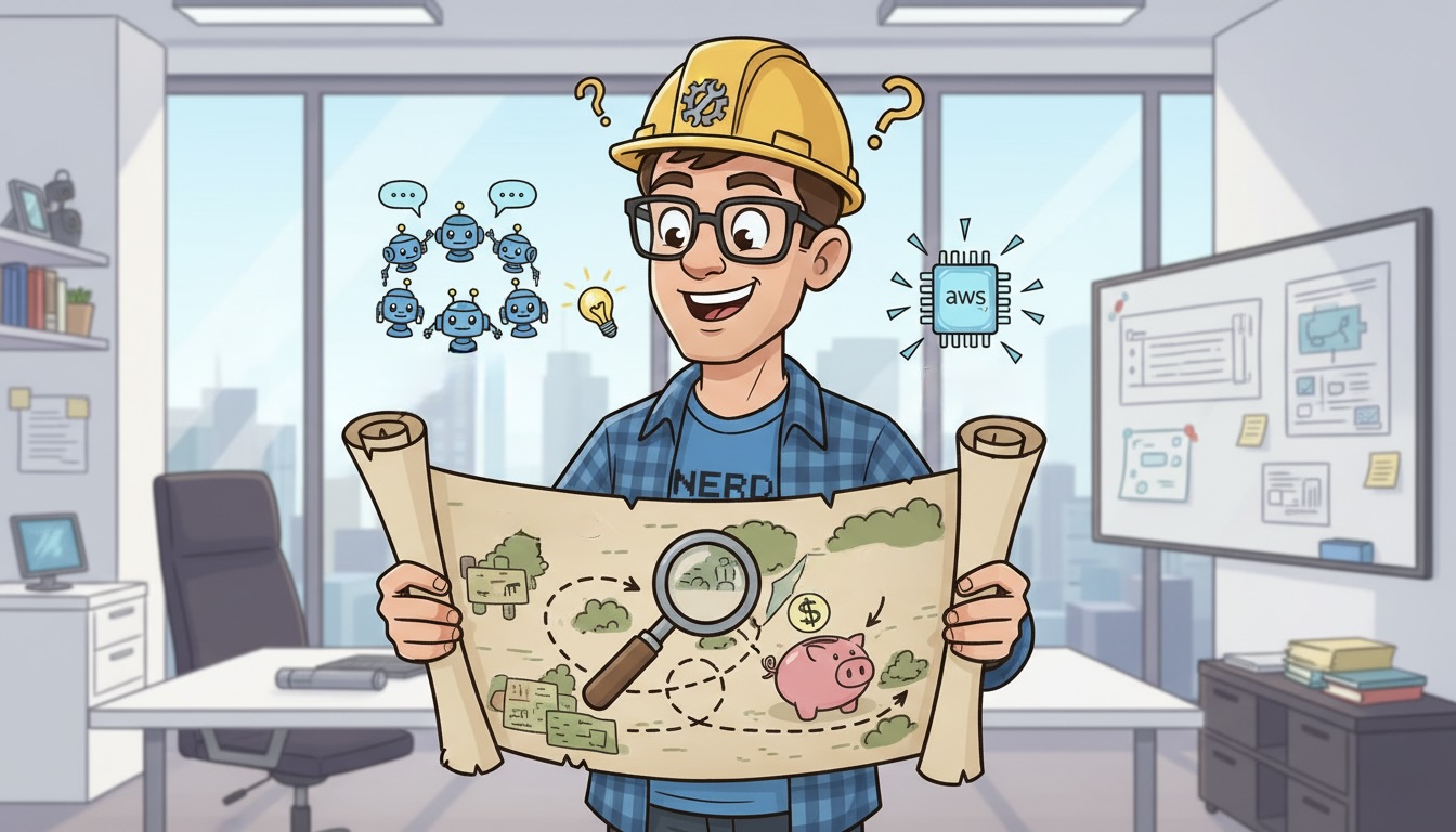 Un arquitecto de IA en versión cartoon planea su blueprint para 2026, que es un mapa de aventuras con íconos de agentes de IA y chips.