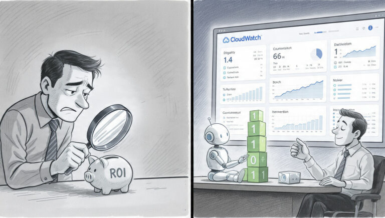 Un dashboard de AWS CloudWatch mostrando la Tasa de Éxito Autónomo de un agente de IA, comparando el éxito autónomo (1) con la intervención humana (0).