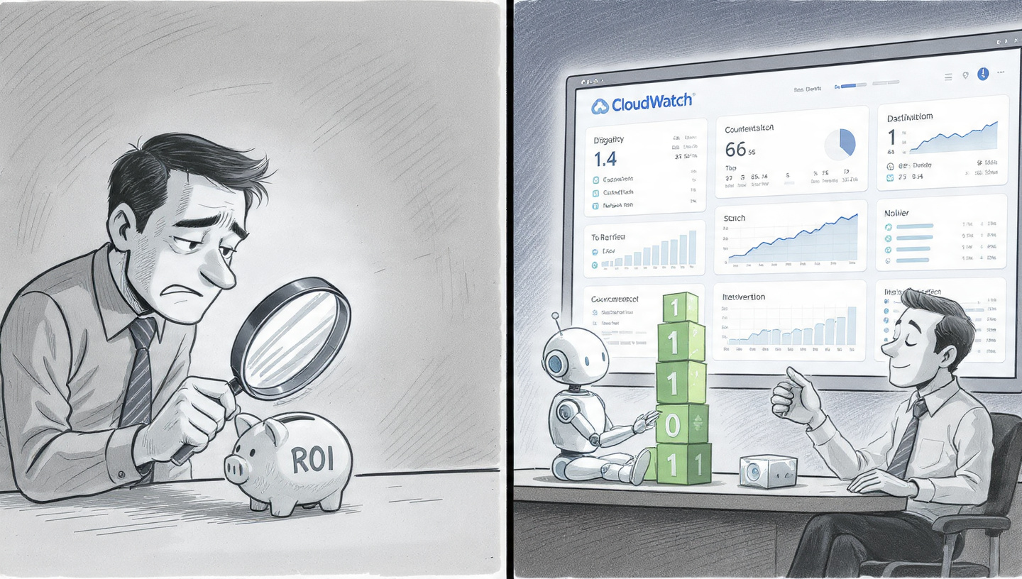 Un dashboard de AWS CloudWatch mostrando la Tasa de Éxito Autónomo de un agente de IA, comparando el éxito autónomo (1) con la intervención humana (0).