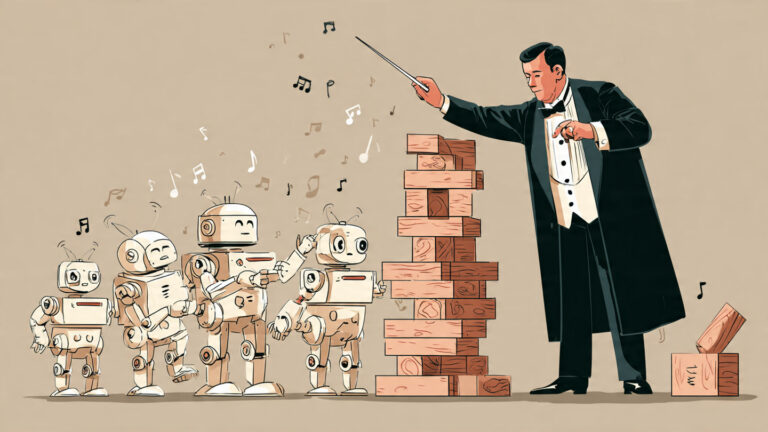 Un director de orquesta humano dirigiendo a varios robots de IA para ilustrar las habilidades de gestión de IA.