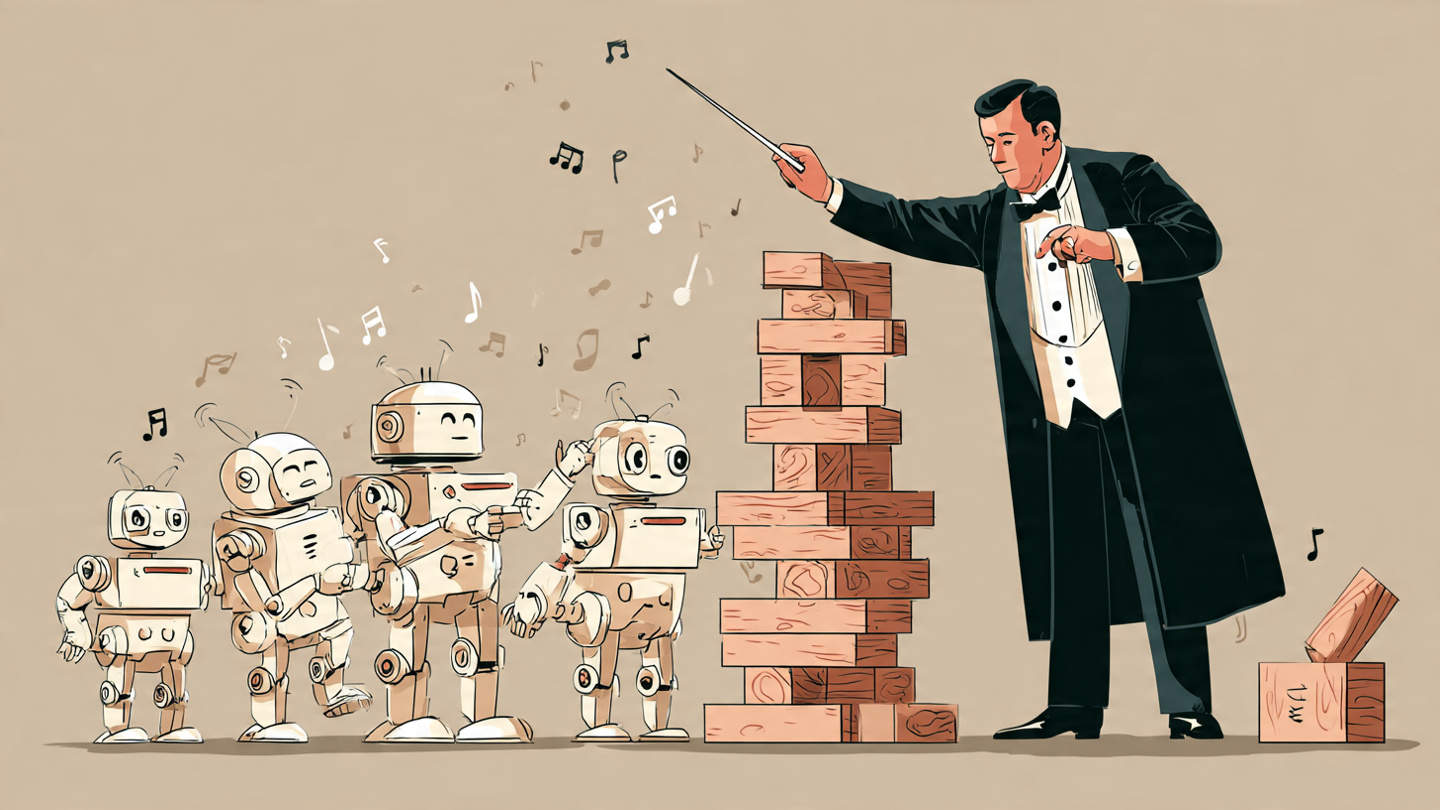Un director de orquesta humano dirigiendo a varios robots de IA para ilustrar las habilidades de gestión de IA.