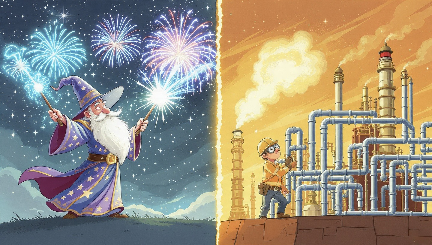 Ilustración comparando el hype de la IA en 2025, un mago caótico, con la realidad, una ingeniera organizando procesos y orquestación.