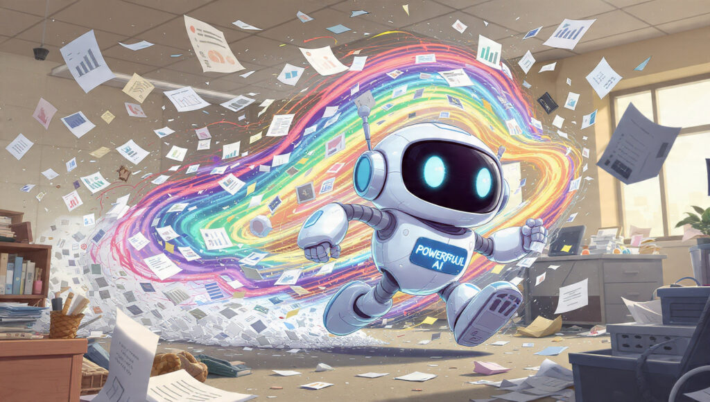 Ilustración de un pequeño robot de IA parado sobre una base gigante de bloques, simbolizando que la arquitectura es la lección de 2025.