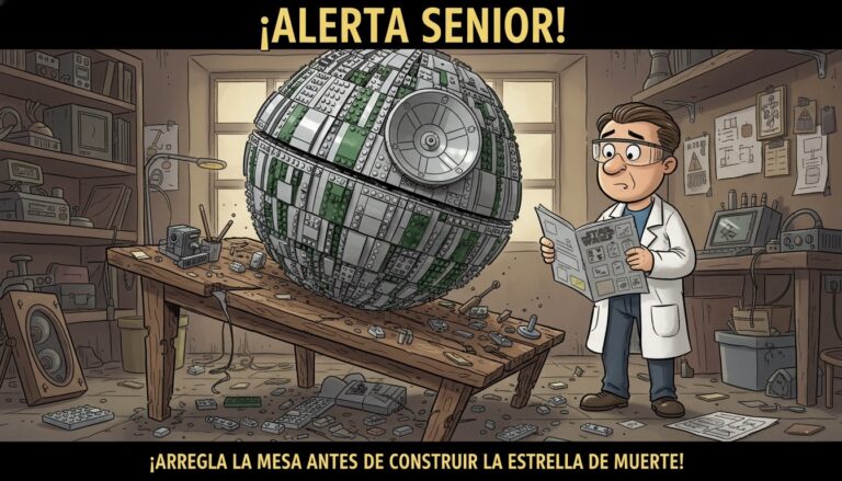 Persona construyendo una Estrella de la Muerte de LEGO sobre una mesa rota, analogía del error de implementar IA en un proceso de negocio deficiente.