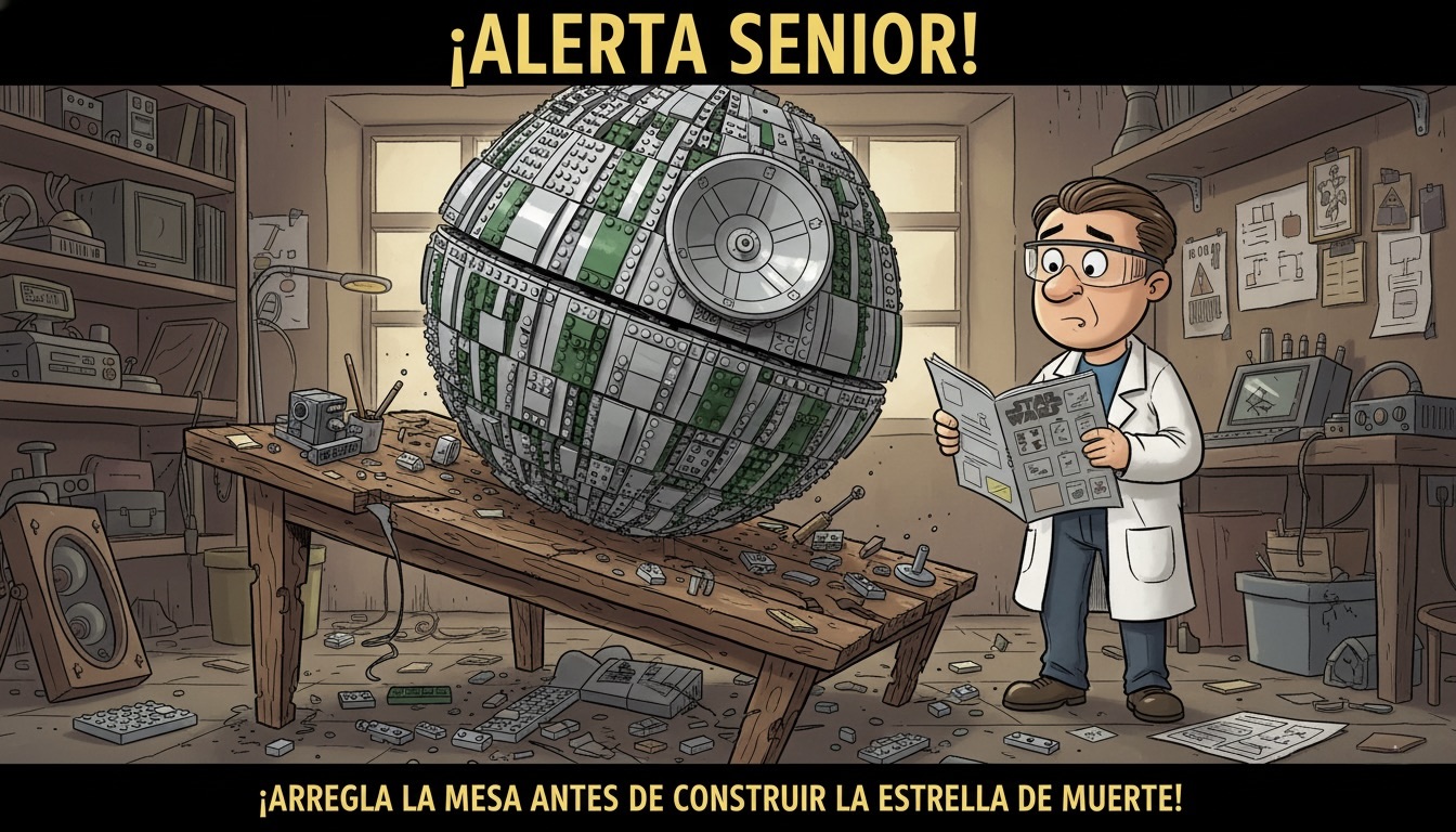 Persona construyendo una Estrella de la Muerte de LEGO sobre una mesa rota, analogía del error de implementar IA en un proceso de negocio deficiente.