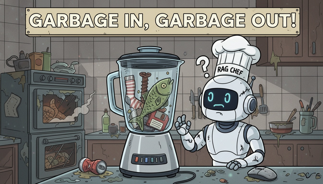 Robot IA con gorro de chef confundido intentando cocinar con ingredientes basura (data slop) para un sistema RAG.