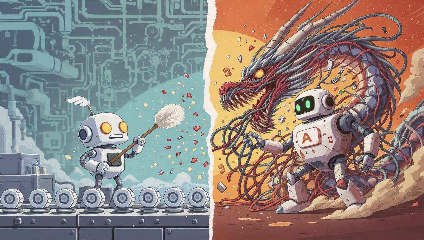 Ilustración de un robot IA moderno resolviendo un 'dragón' de excepciones complejas, comparado con un robot antiguo limpiando tareas simples.