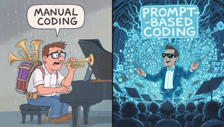 Ilustración de un ingeniero como director de orquesta de IA, superando el síndrome del impostor.